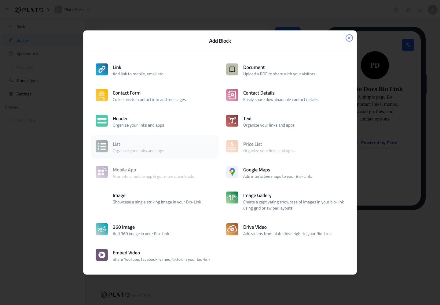 Bio Link add block dialog with link, contact, document, map, media, and video blocks
