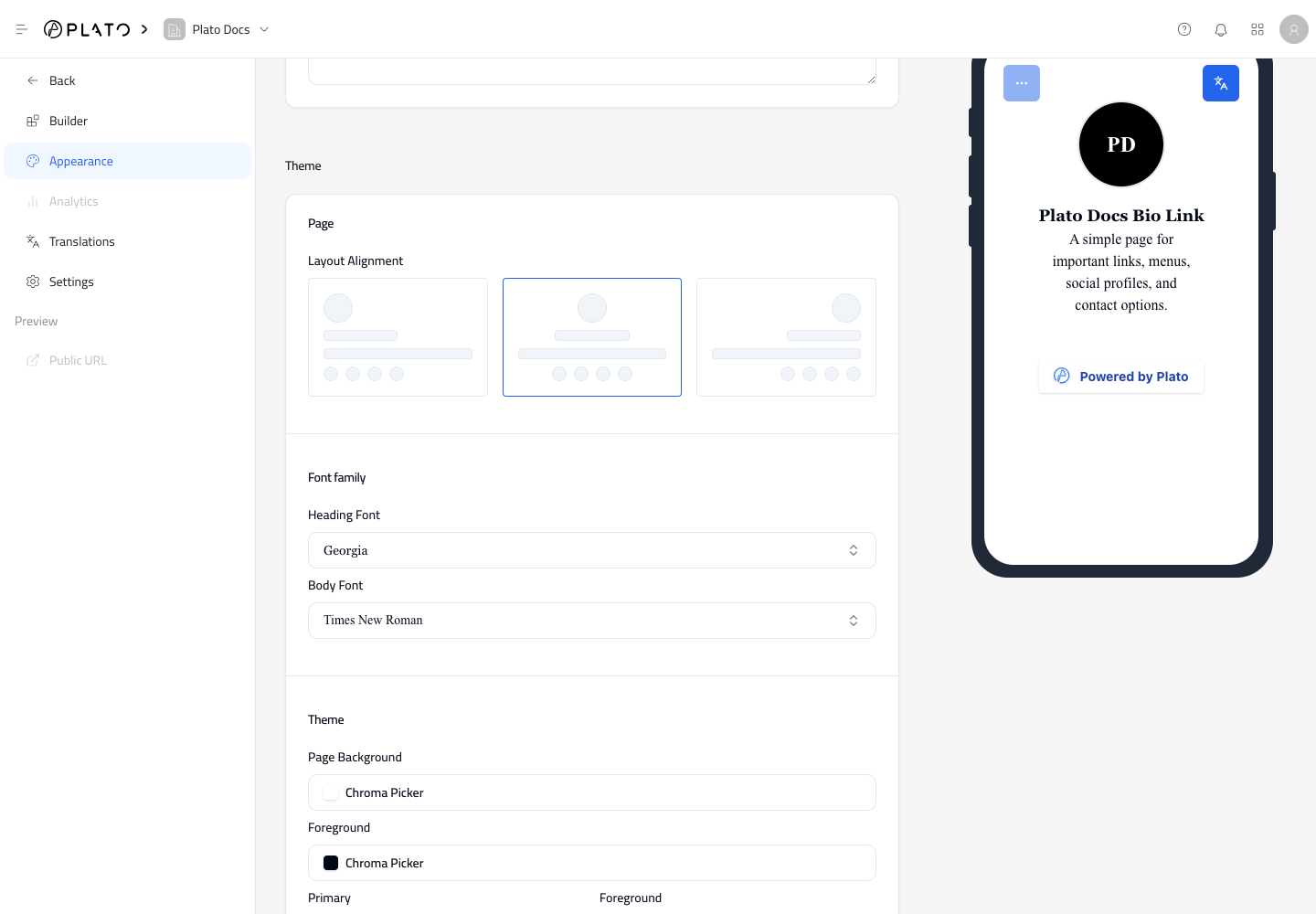 Bio Link appearance editor showing layout, typography, colors, and live preview controls