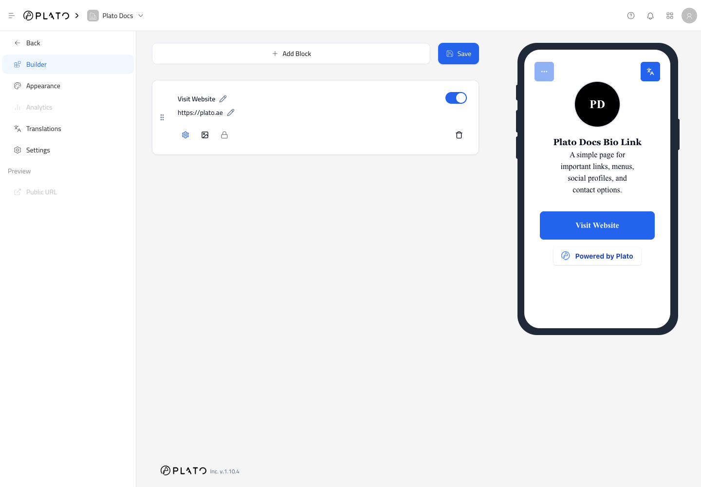 Bio Link builder showing block controls with a live phone preview