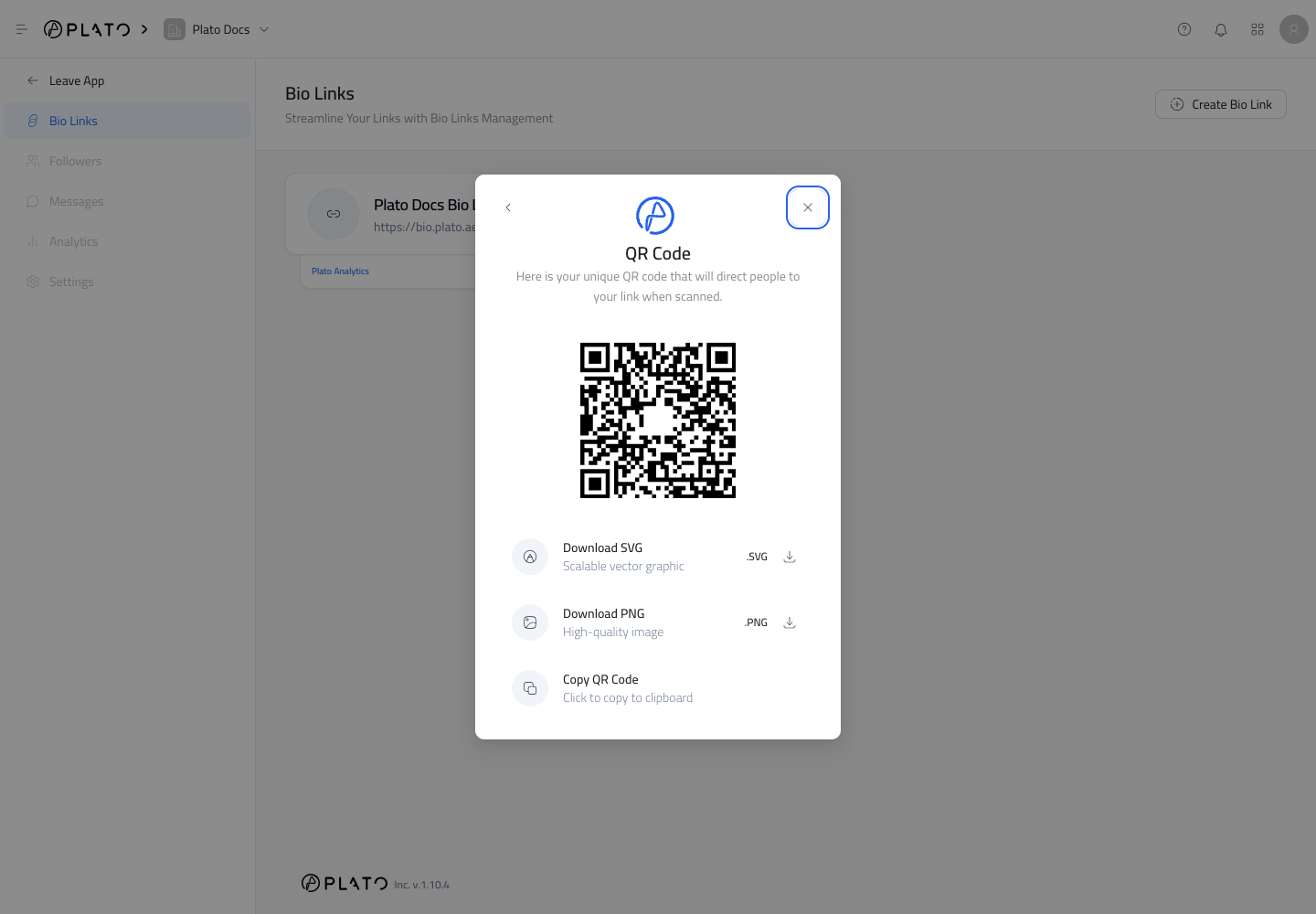 Bio Link QR code sharing dialog with download and copy options
