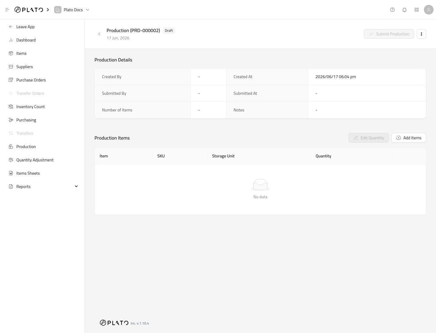 Plato Inventory production record with production details and item controls