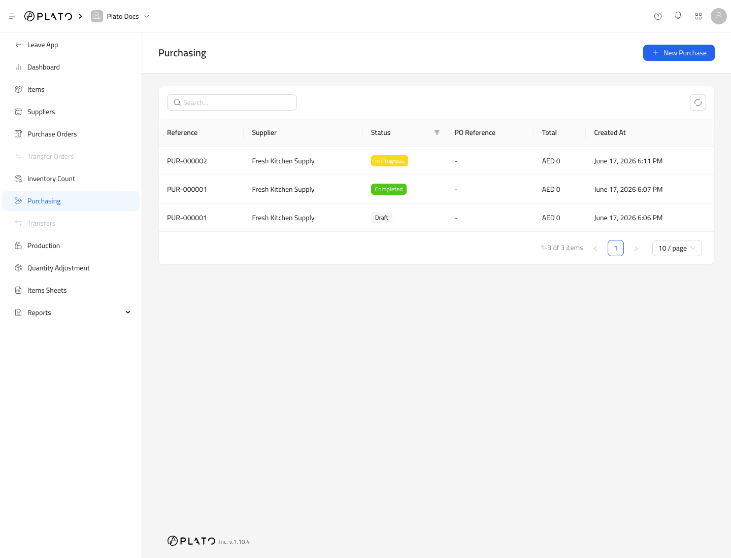 Plato Inventory purchasing list with supplier records, statuses, and receiving context