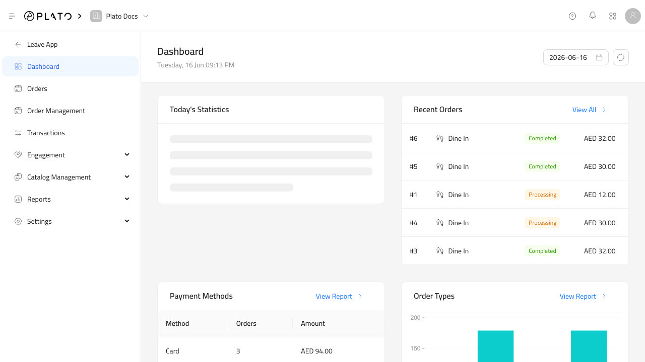 Retail dashboard screen showing recent orders, payment methods, order types, and daily statistics