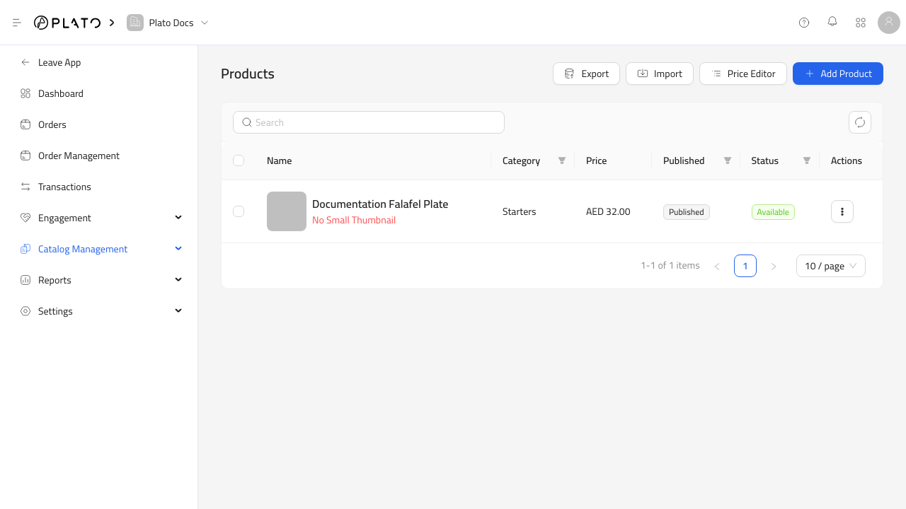 Retail products screen showing catalog search, product details, status, and price editor actions