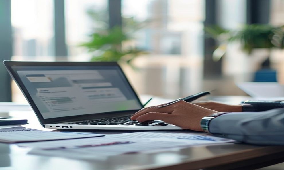 Generated finance manager reviewing reports in a bright office