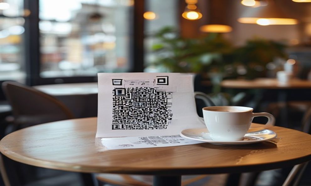 Generated printed QR table tent in a clean cafe setting