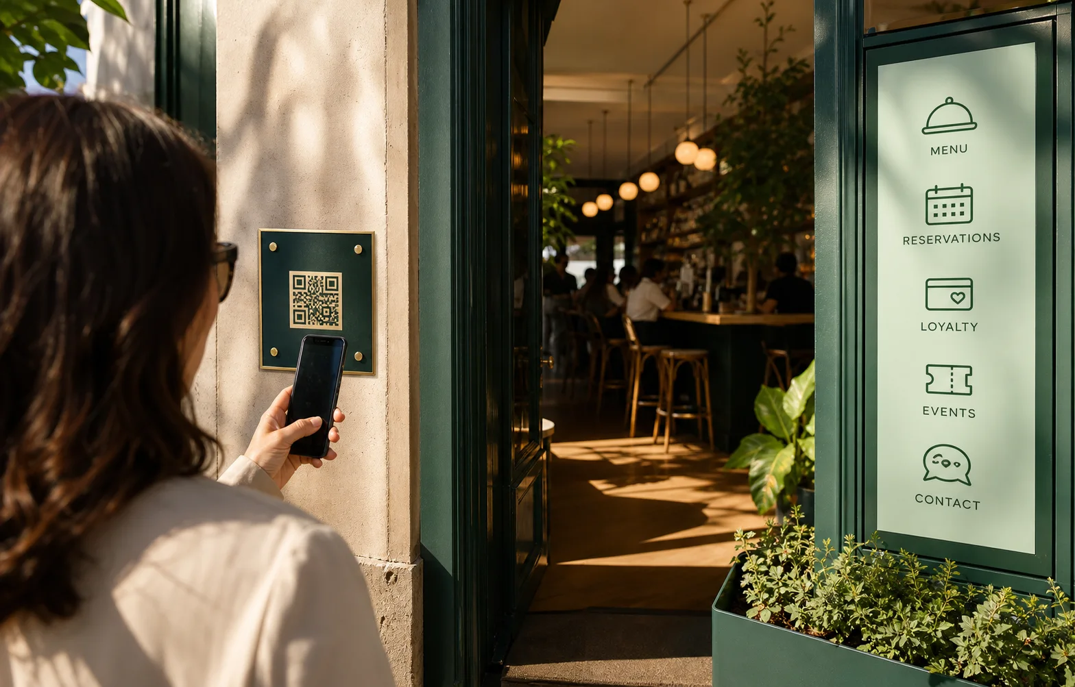 Customer scanning a QR touchpoint at the entrance of a modern cafe