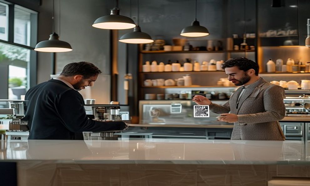 Generated business owner scene with a QR code display at a cafe counter