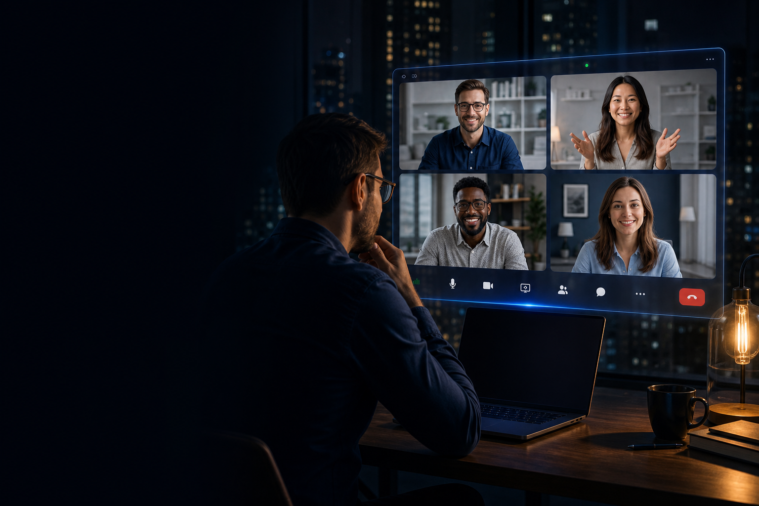 A professional joining a Plato Call from a nighttime workspace