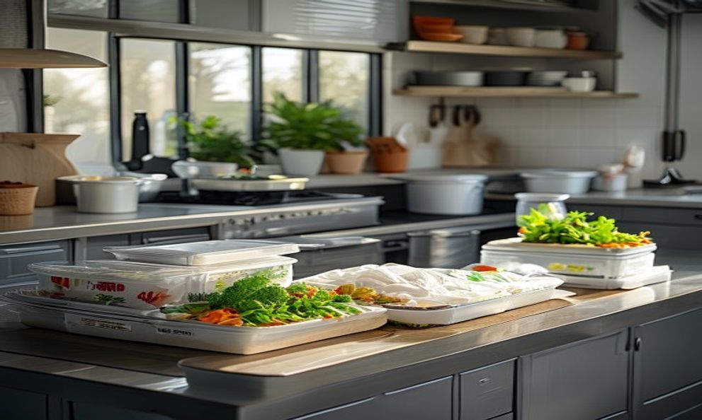 Generated catering trays on a kitchen prep table