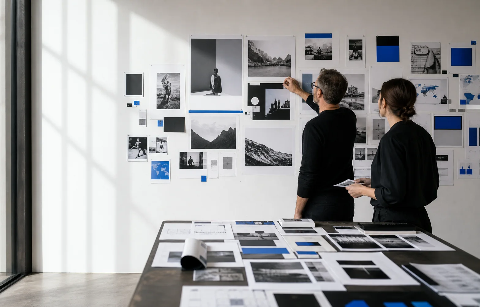 Editorial team arranging structured campaign content in a publishing studio