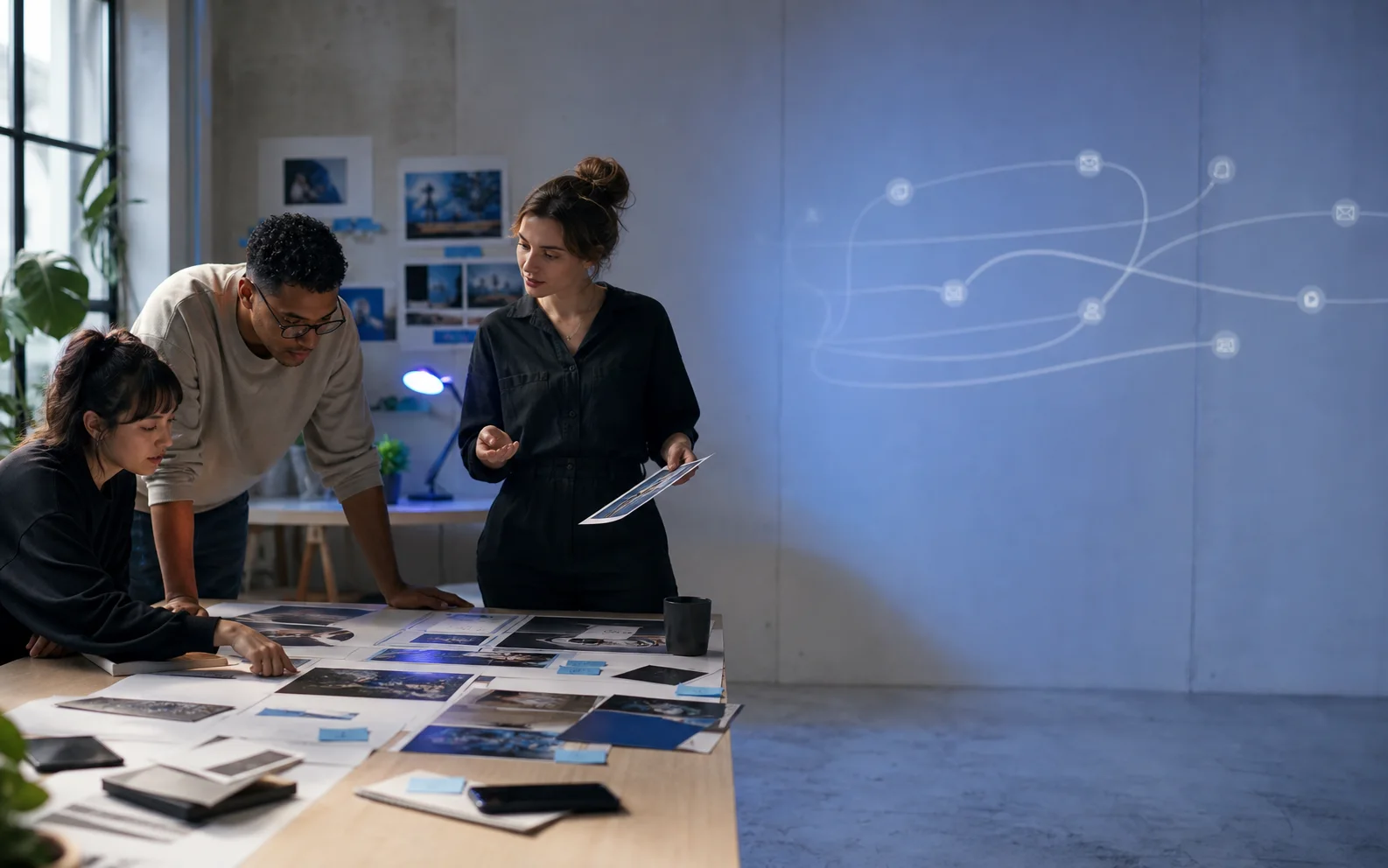 Campaign team coordinating customer channels in a creative operations studio