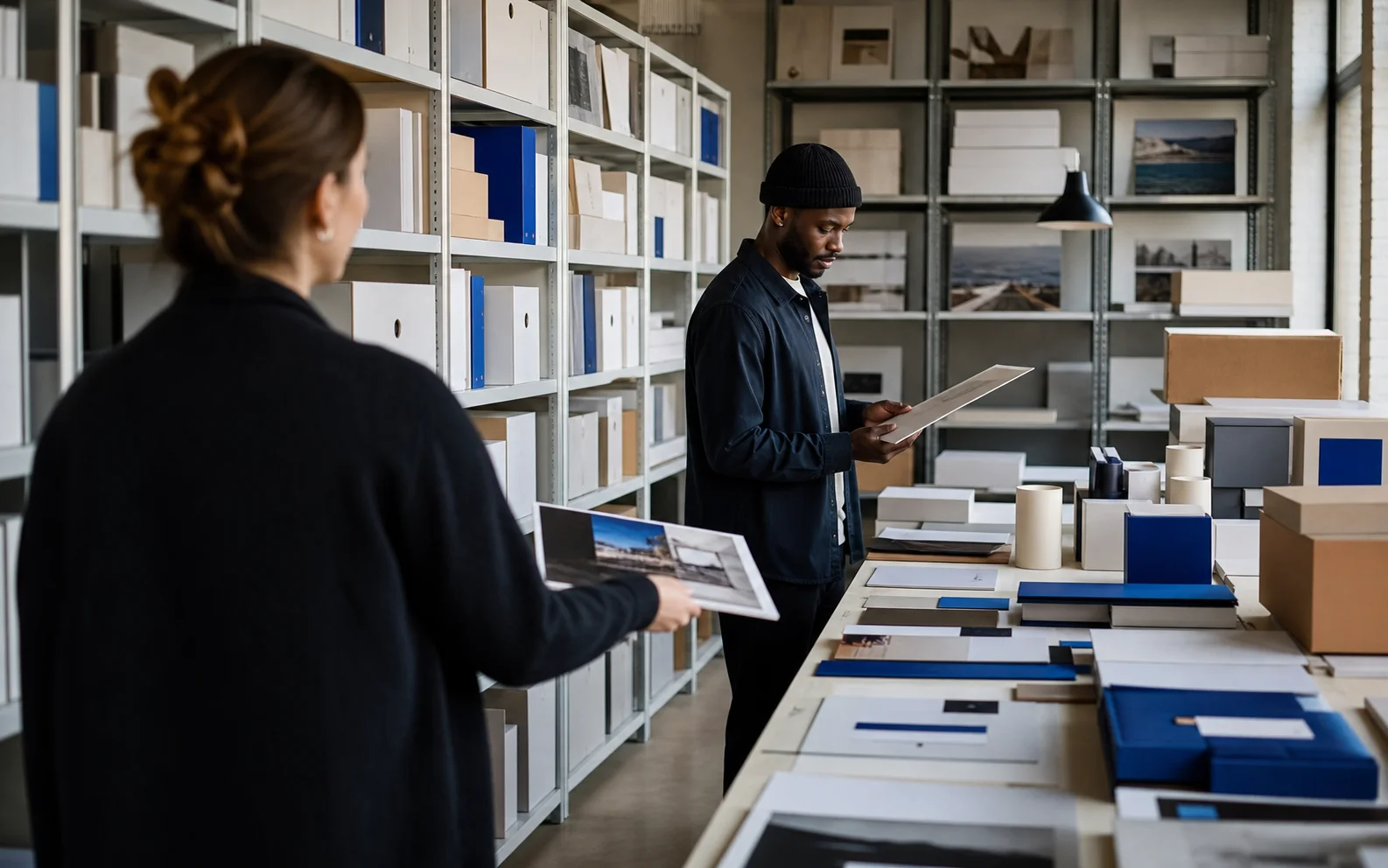 Creative operations team reviewing approved assets in an organized archive