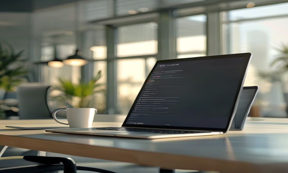 Generated business admin building a survey on laptop