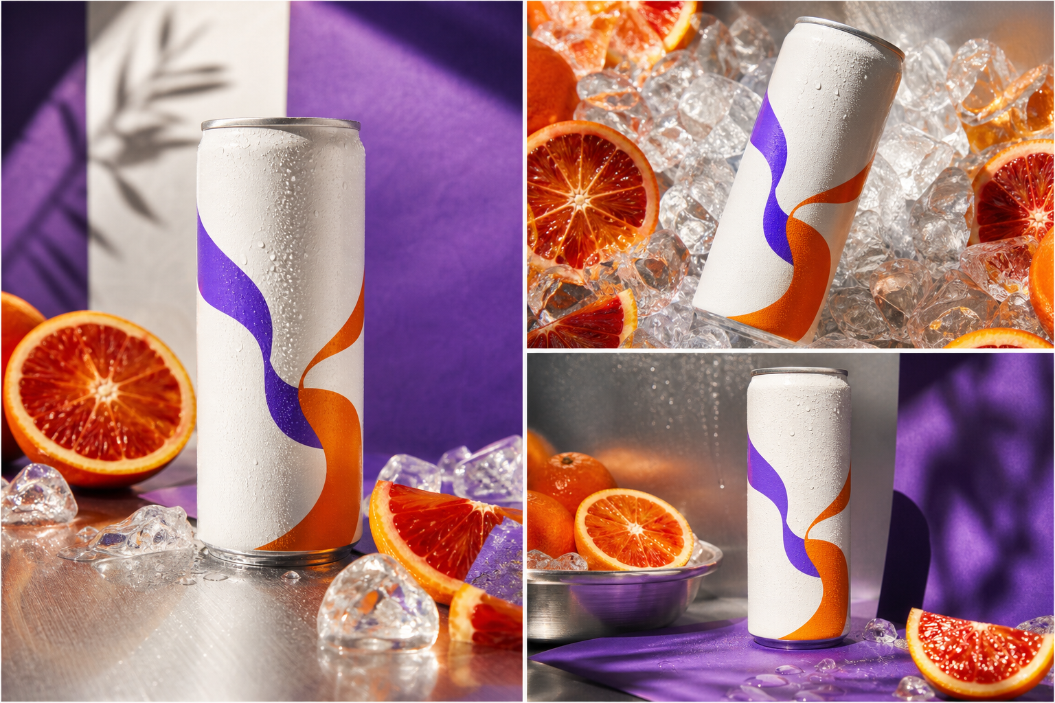 A citrus drink shown across three coordinated advertising photographs