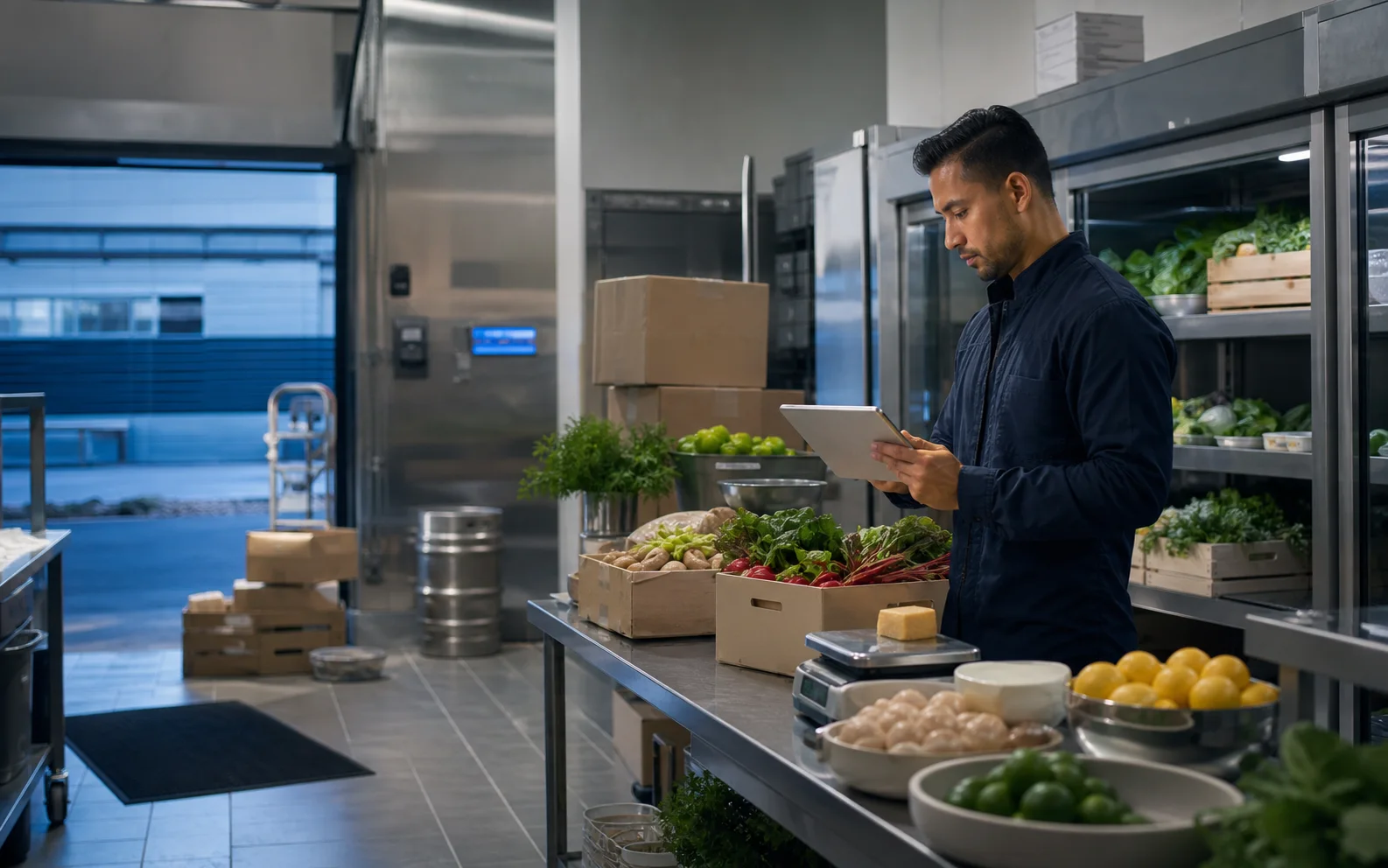 Restaurant operations manager checking a fresh supplier delivery