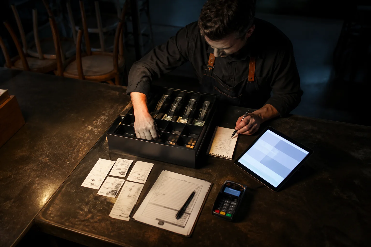 Restaurant manager completing an end-of-night payment close
