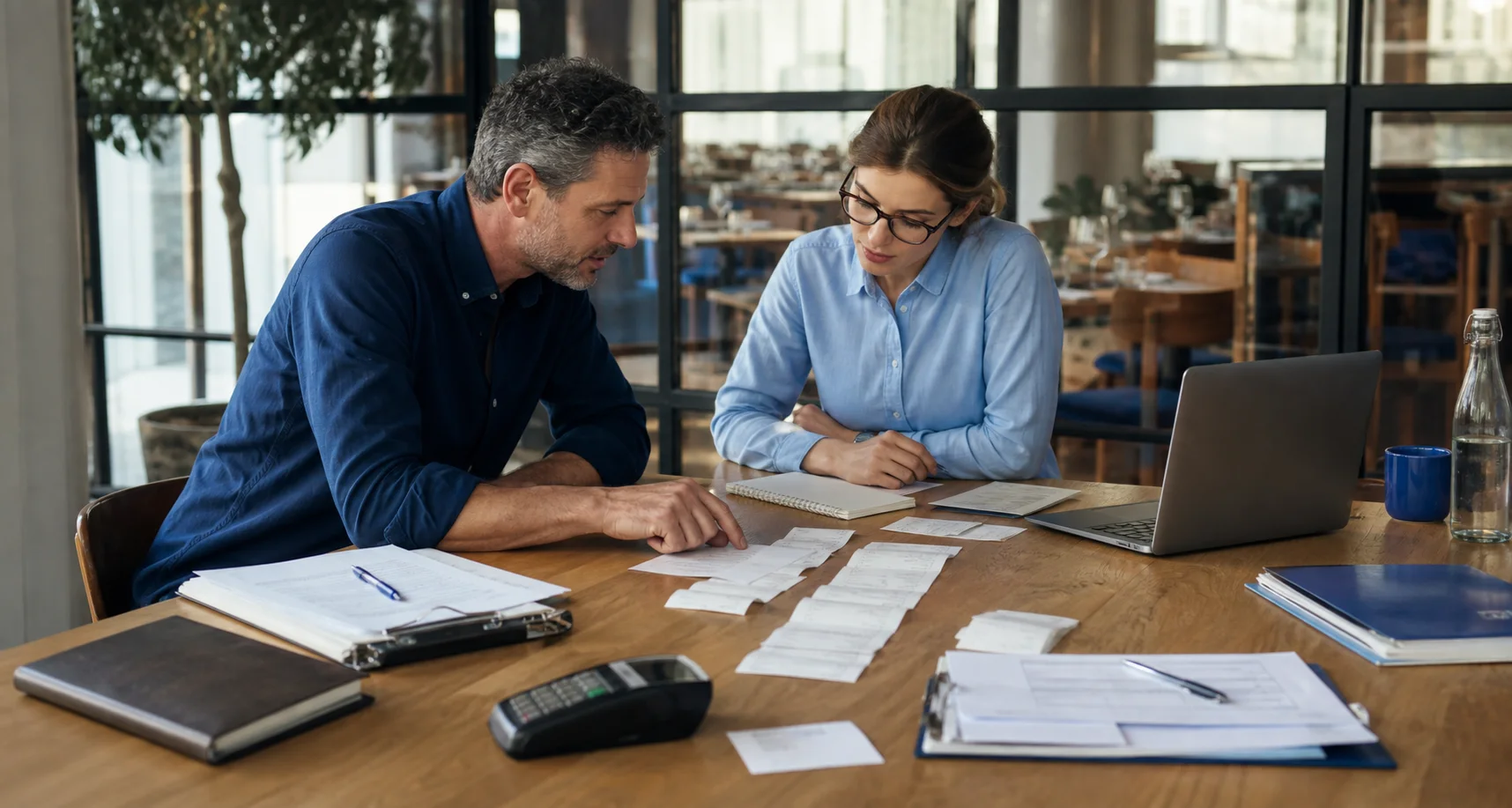 Operations manager and accountant reviewing a completed payment trail