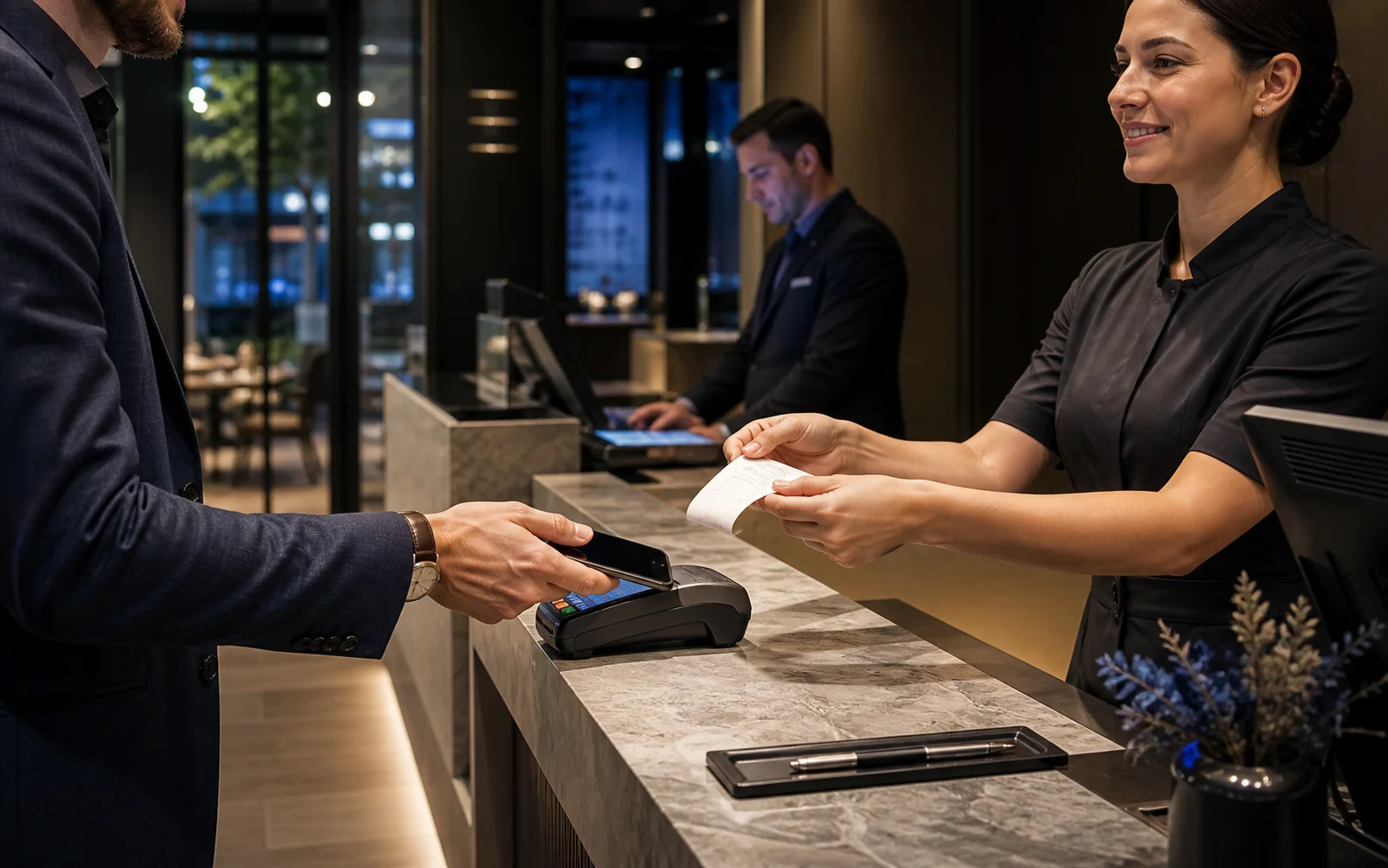 Guest completing a contactless payment while a receipt is handed over