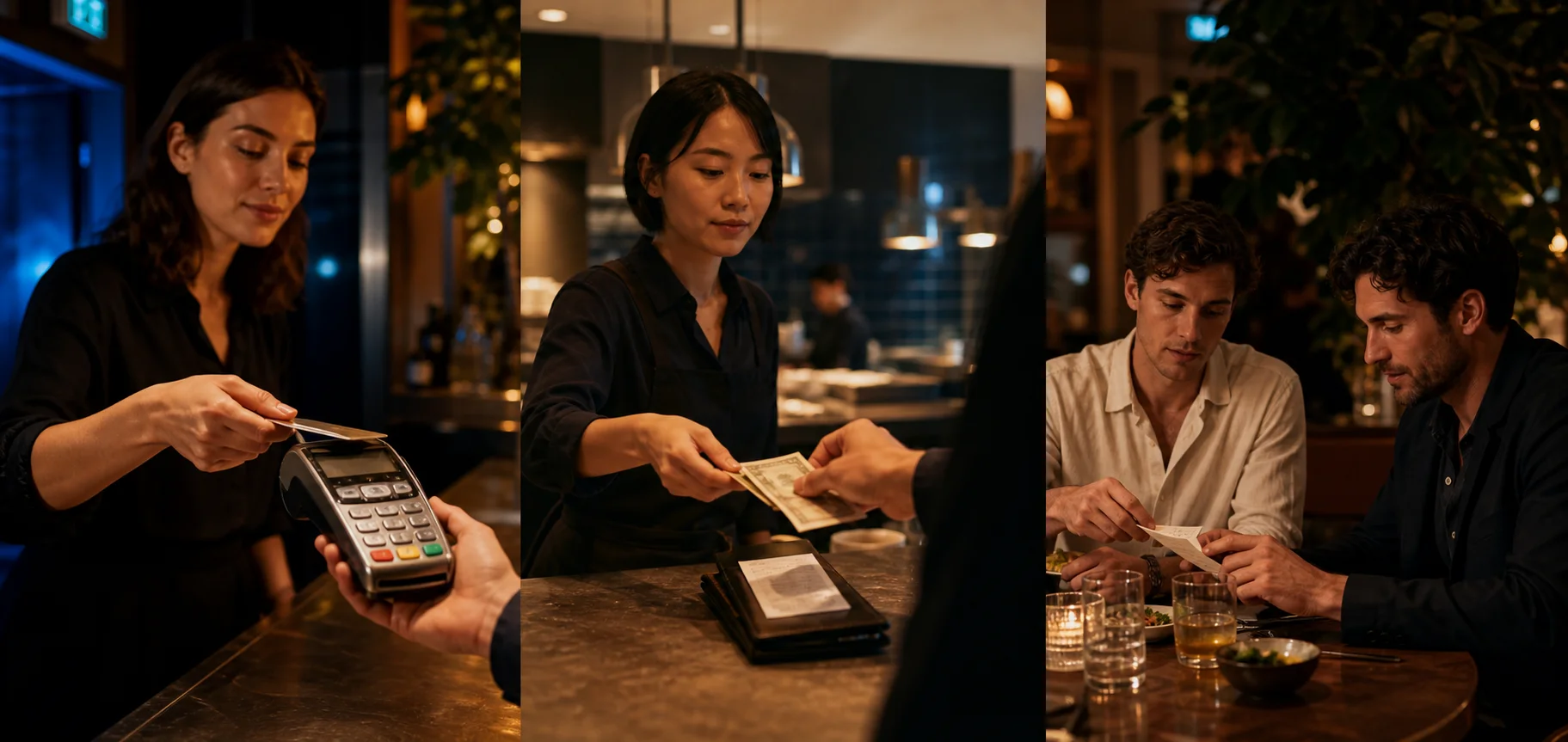 Three connected hospitality payment moments showing card, cash, and split tender