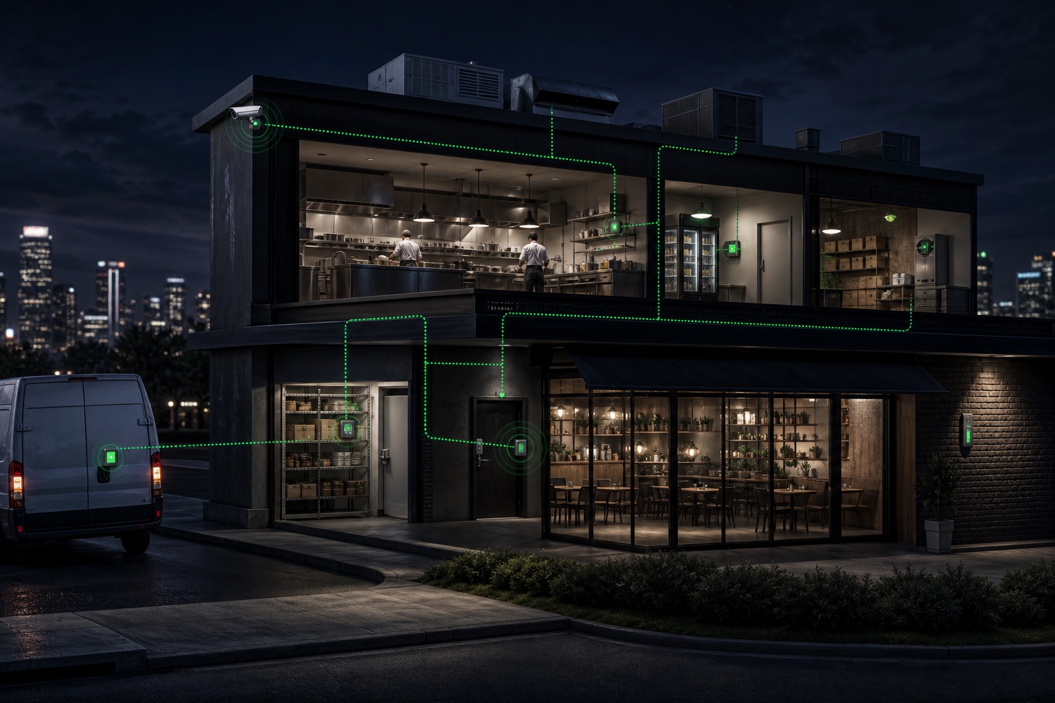 A connected restaurant site with sensors, cameras, cold storage, and a delivery vehicle