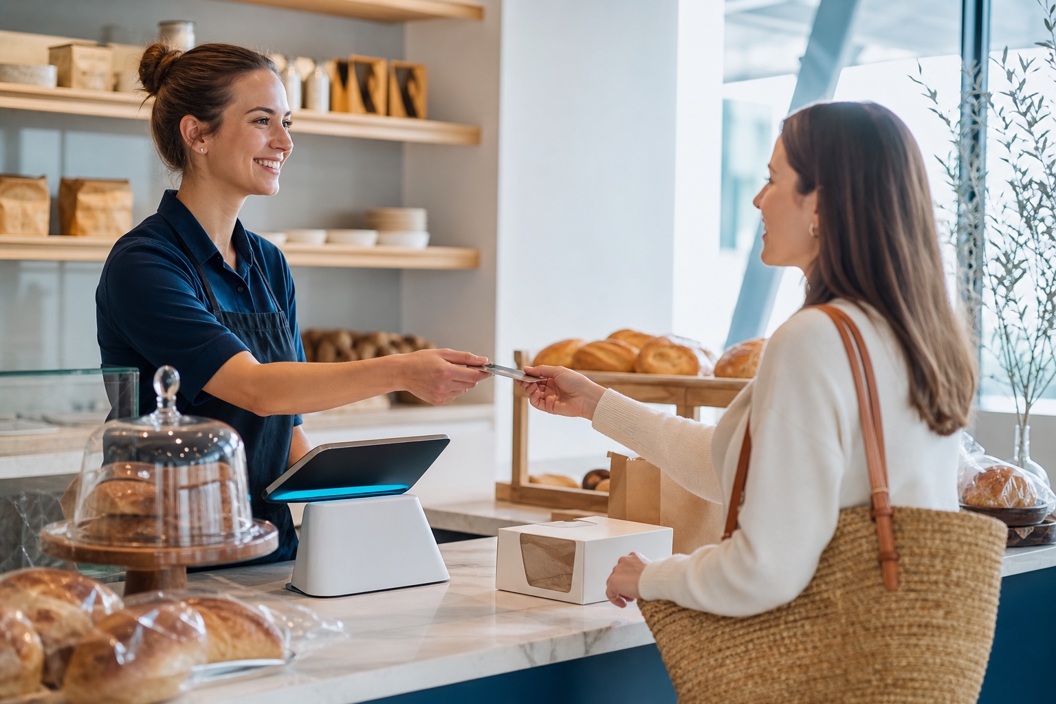 A customer and cashier confirming a purchase at a bright bakery counter