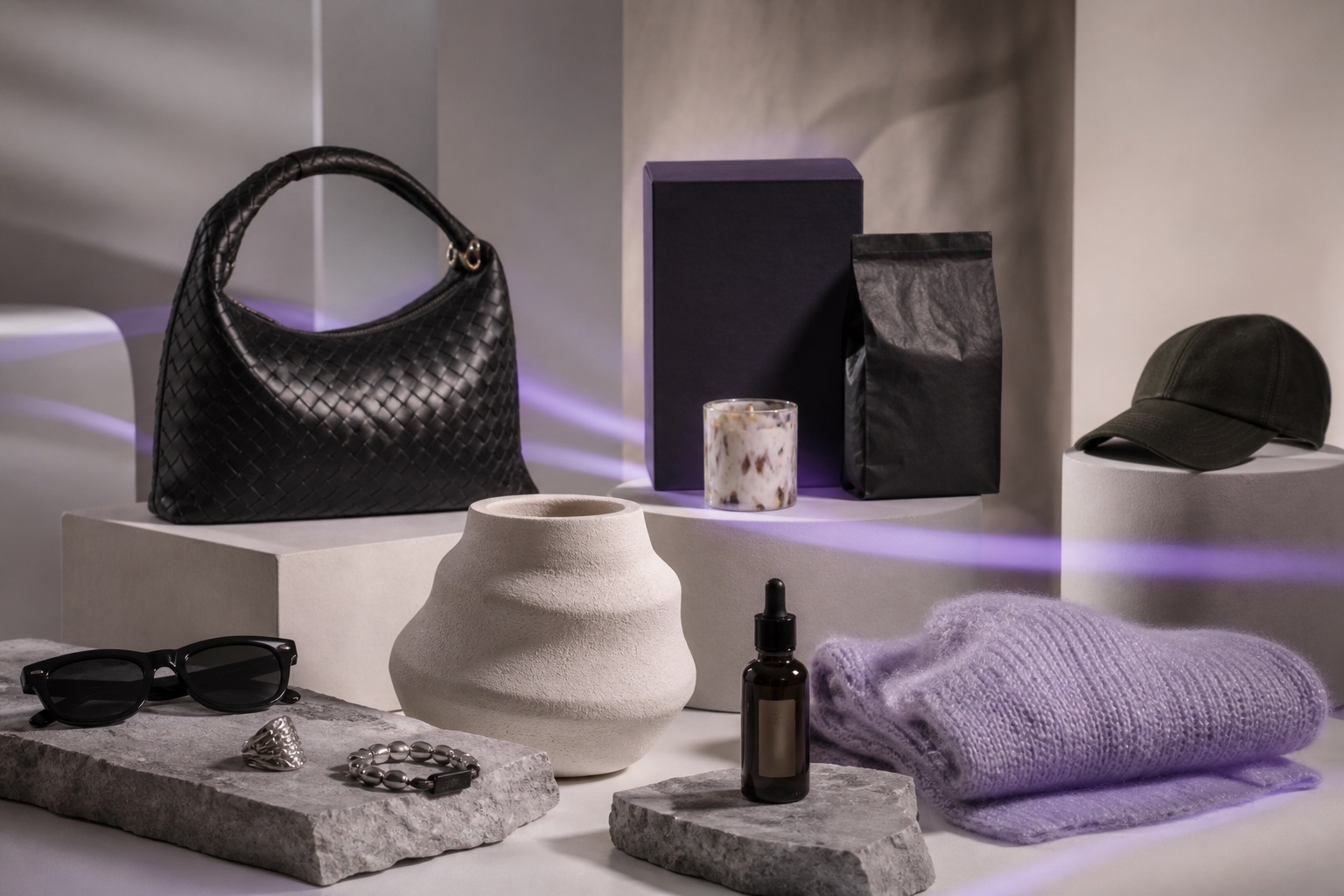 A curated collection of retail products arranged in a premium studio