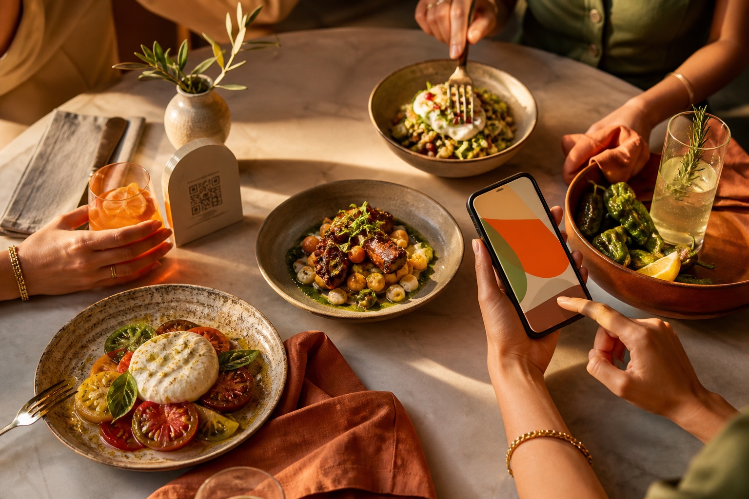 Guests discovering dishes from a phone at a sunlit restaurant table