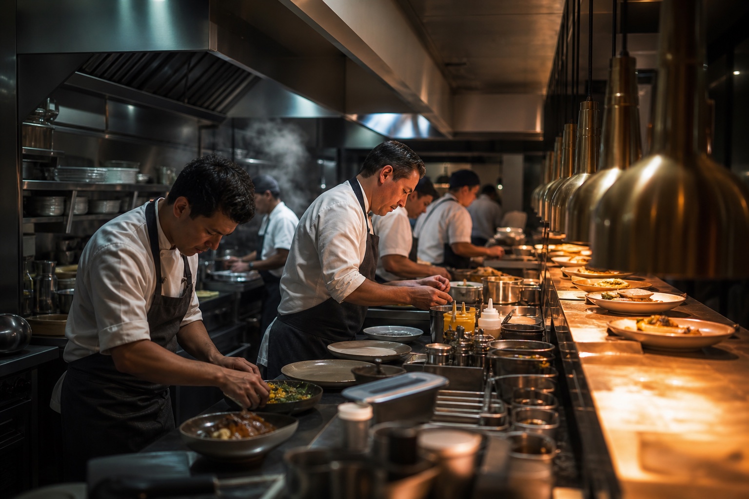 Chefs coordinating dishes across a busy professional kitchen