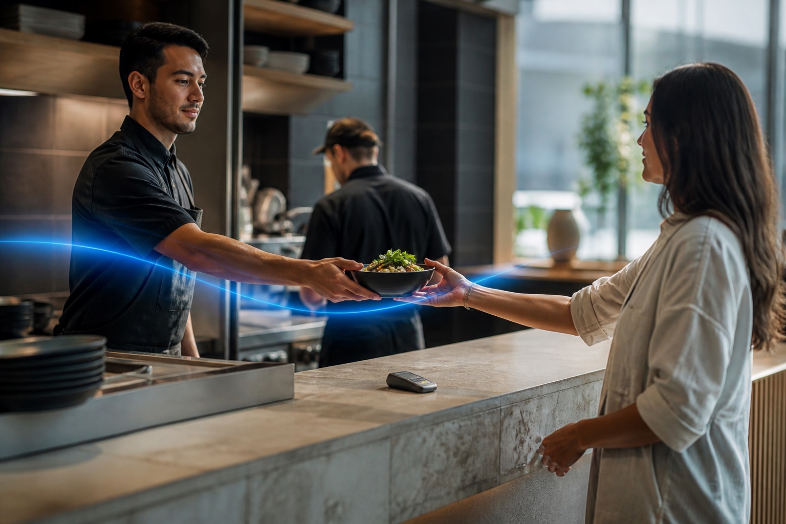 A team member handing a finished order to a guest across a modern counter