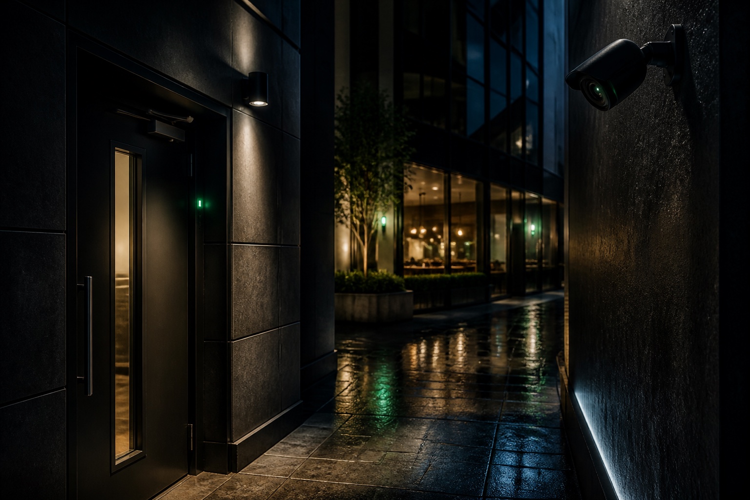 A secure service entrance monitored by door and camera sensors at night