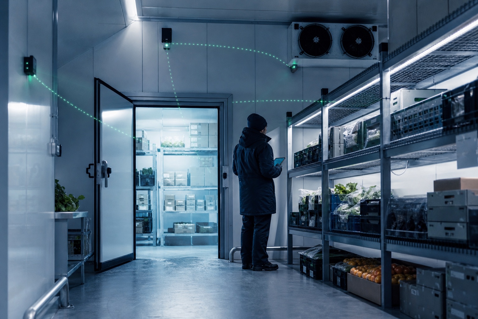 A monitored cold storage room connected by environmental sensors