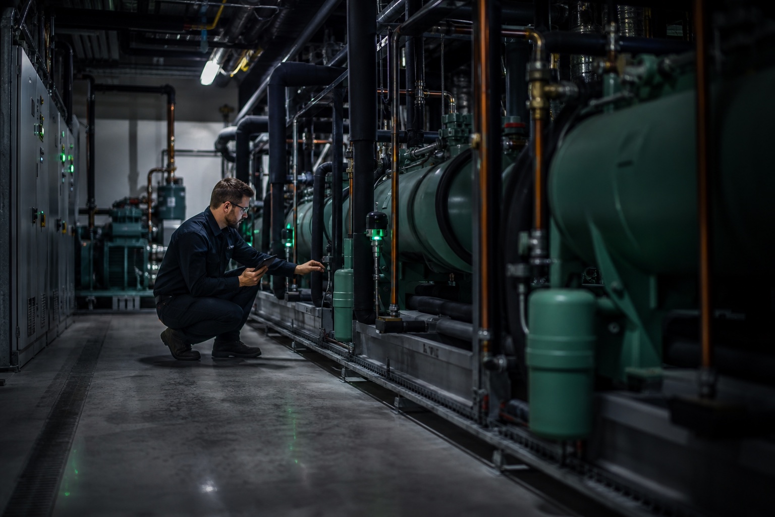 A technician inspecting connected commercial equipment in a plant room