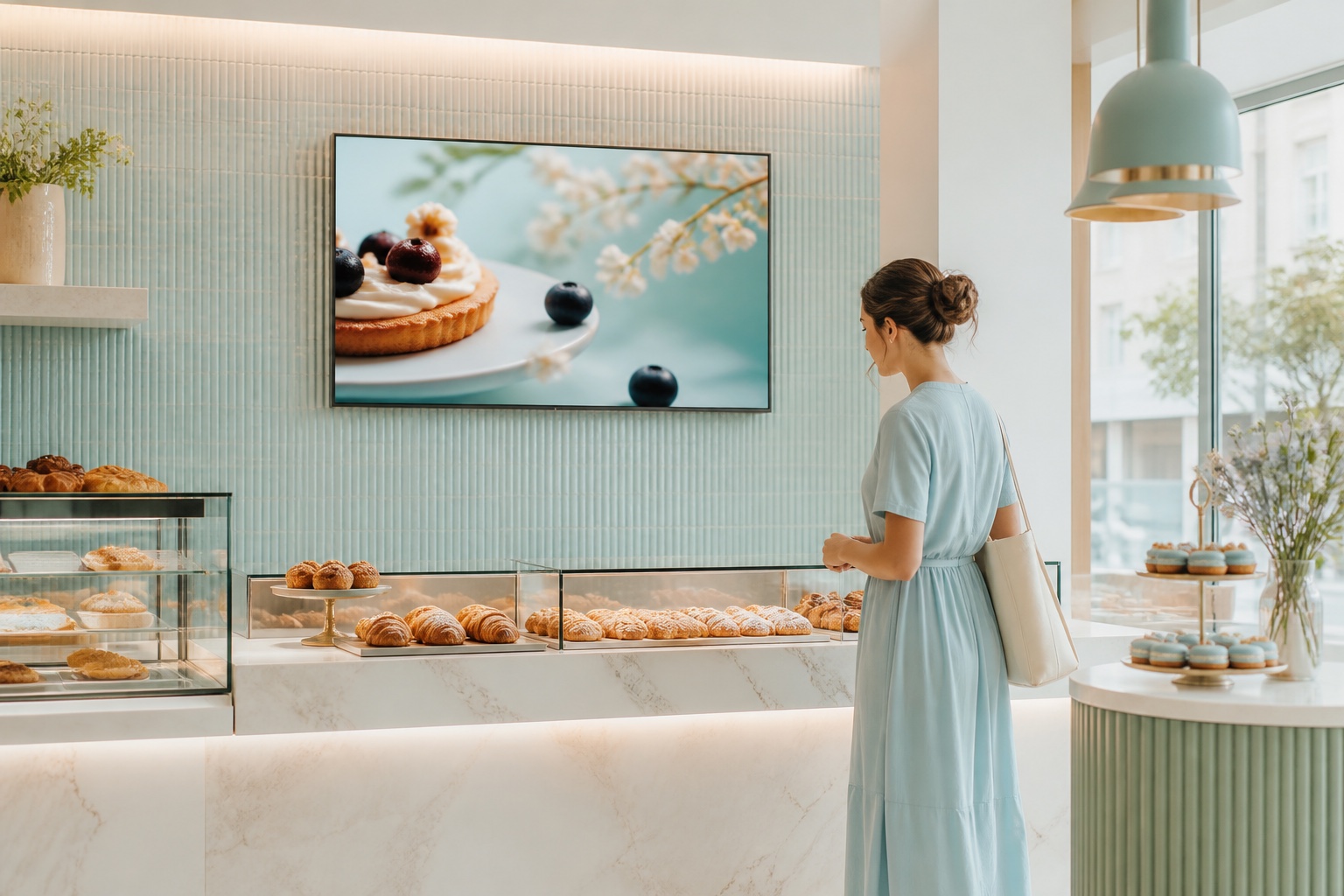 A customer viewing a seasonal product story on a display in a bakery