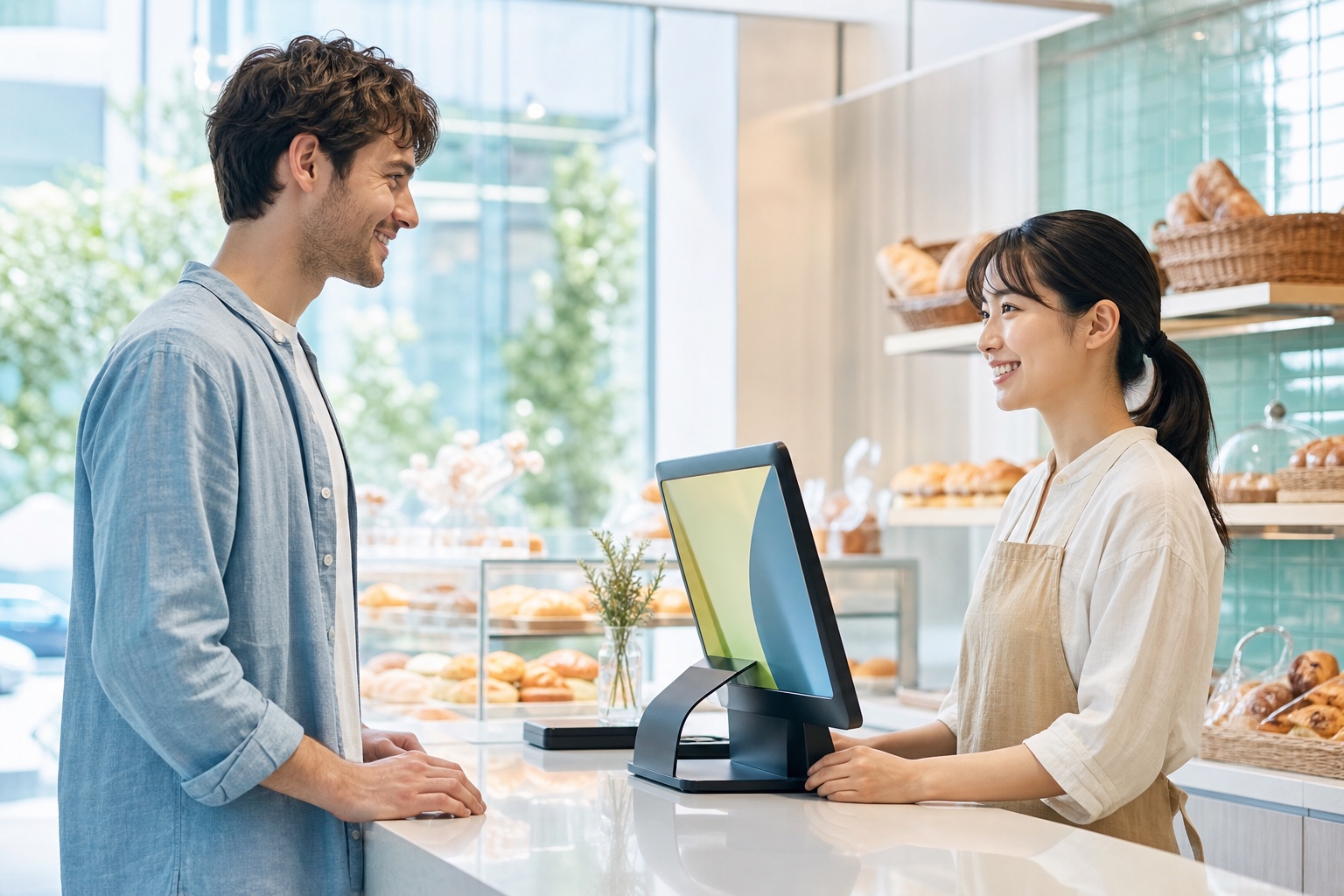 A customer and cashier sharing a clear confirmation moment across a display
