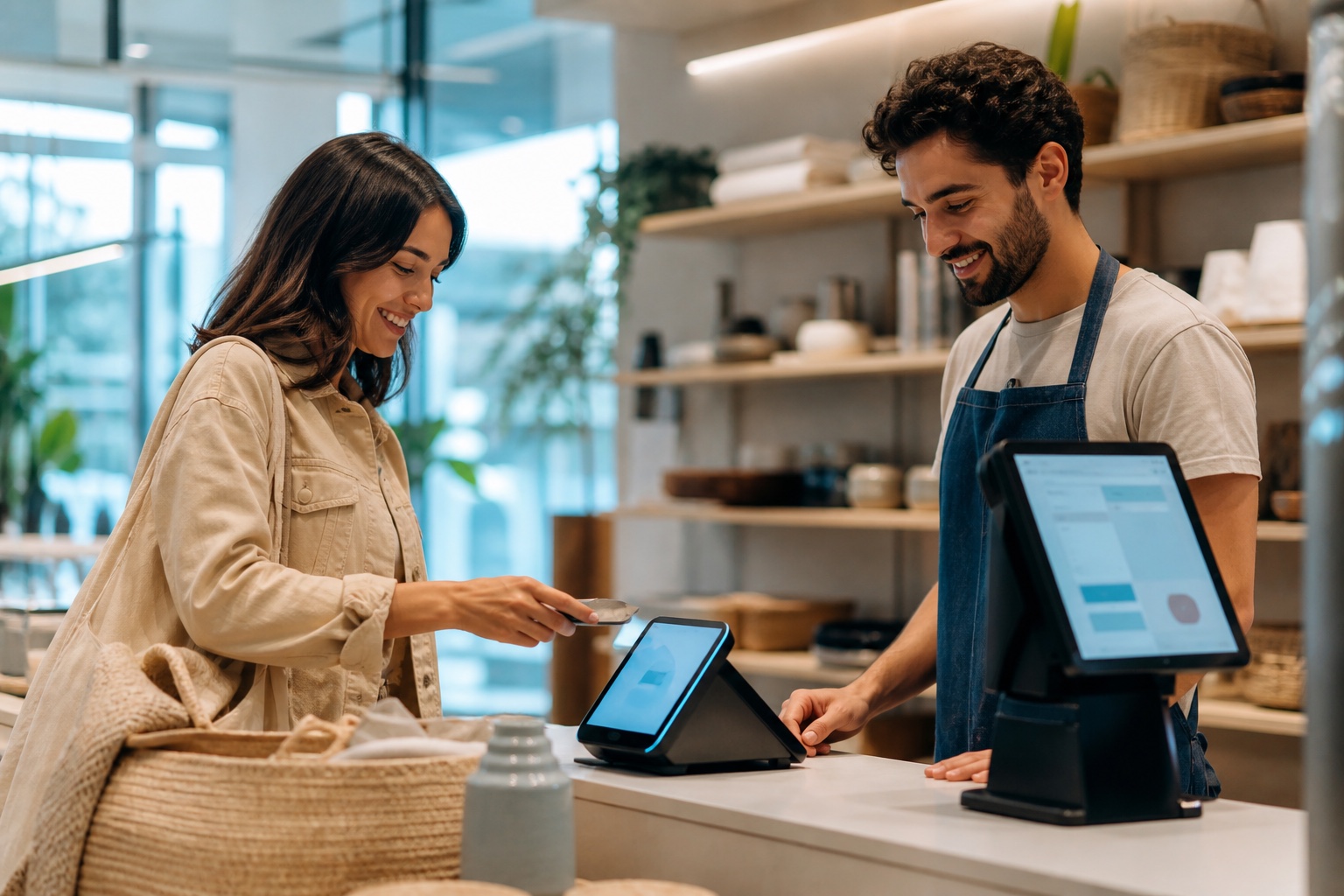 A customer and cashier reviewing the purchase together at checkout