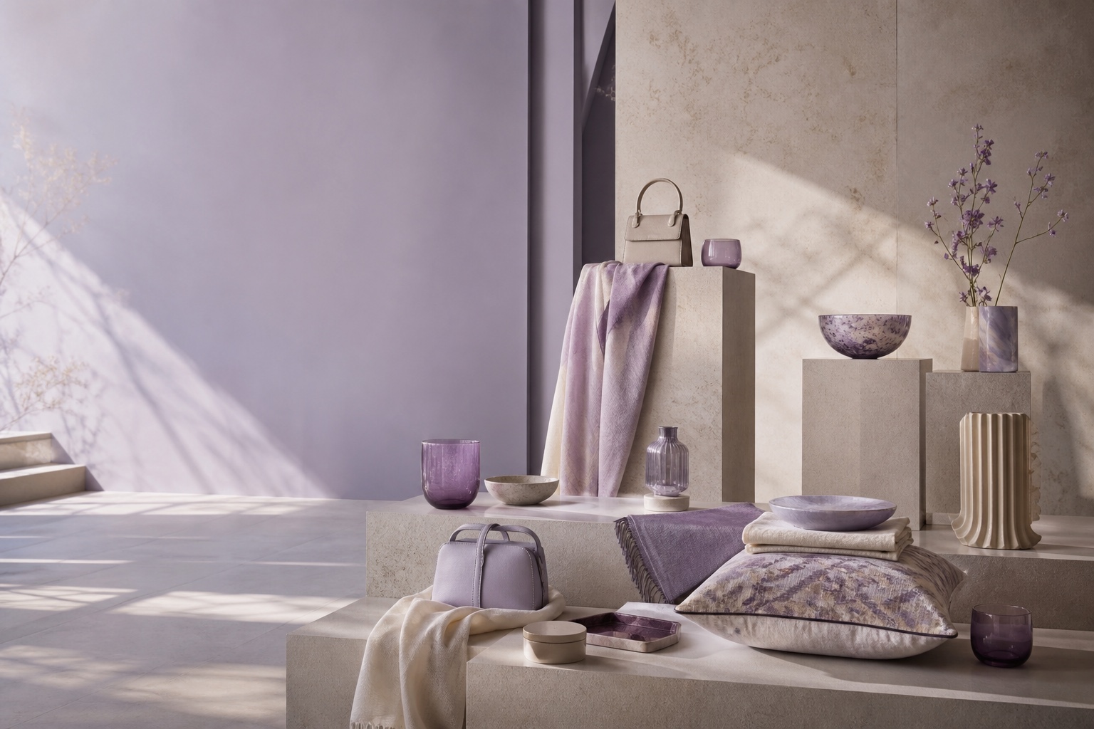 A seasonal collection of accessories, textiles, glass, and homeware arranged like a gallery