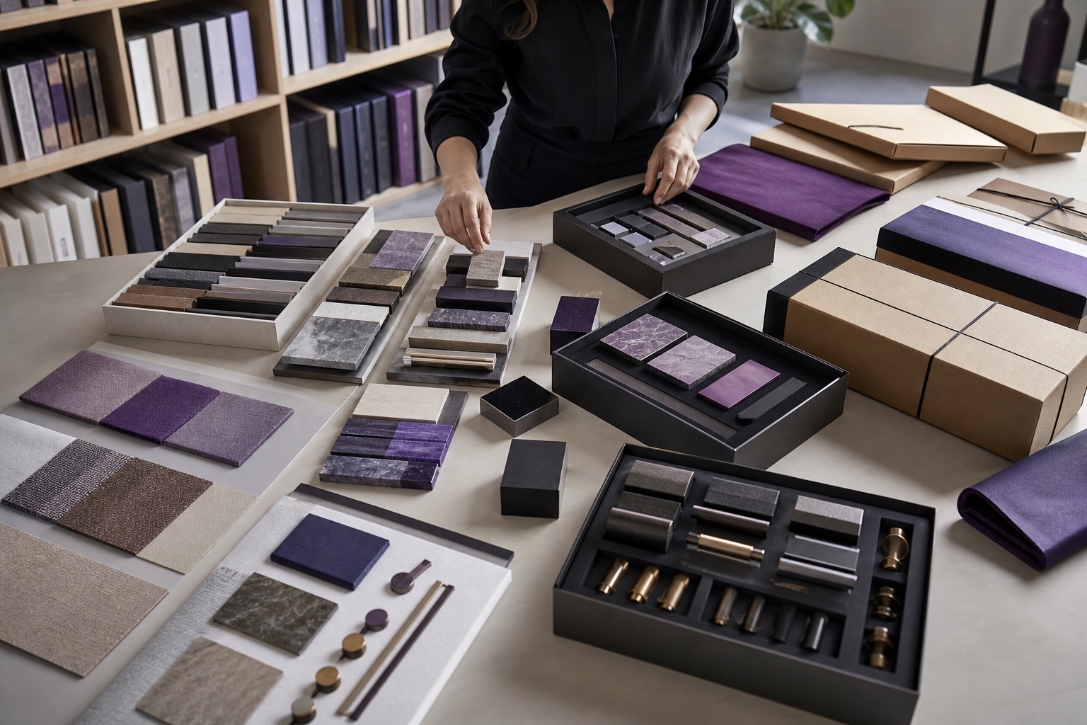 A representative organizing market-specific samples, materials, and packaging