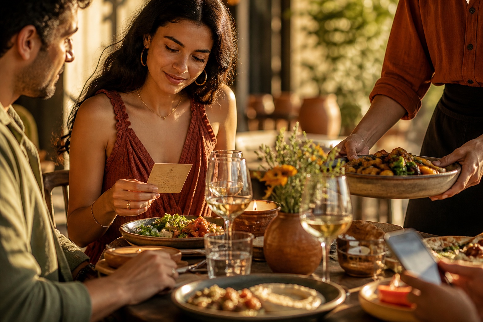 Guests discovering dishes at the table as food arrives