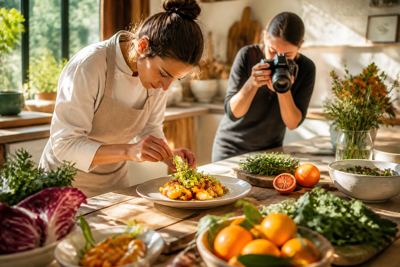 A chef composing a seasonal dish while it is photographed for the menu