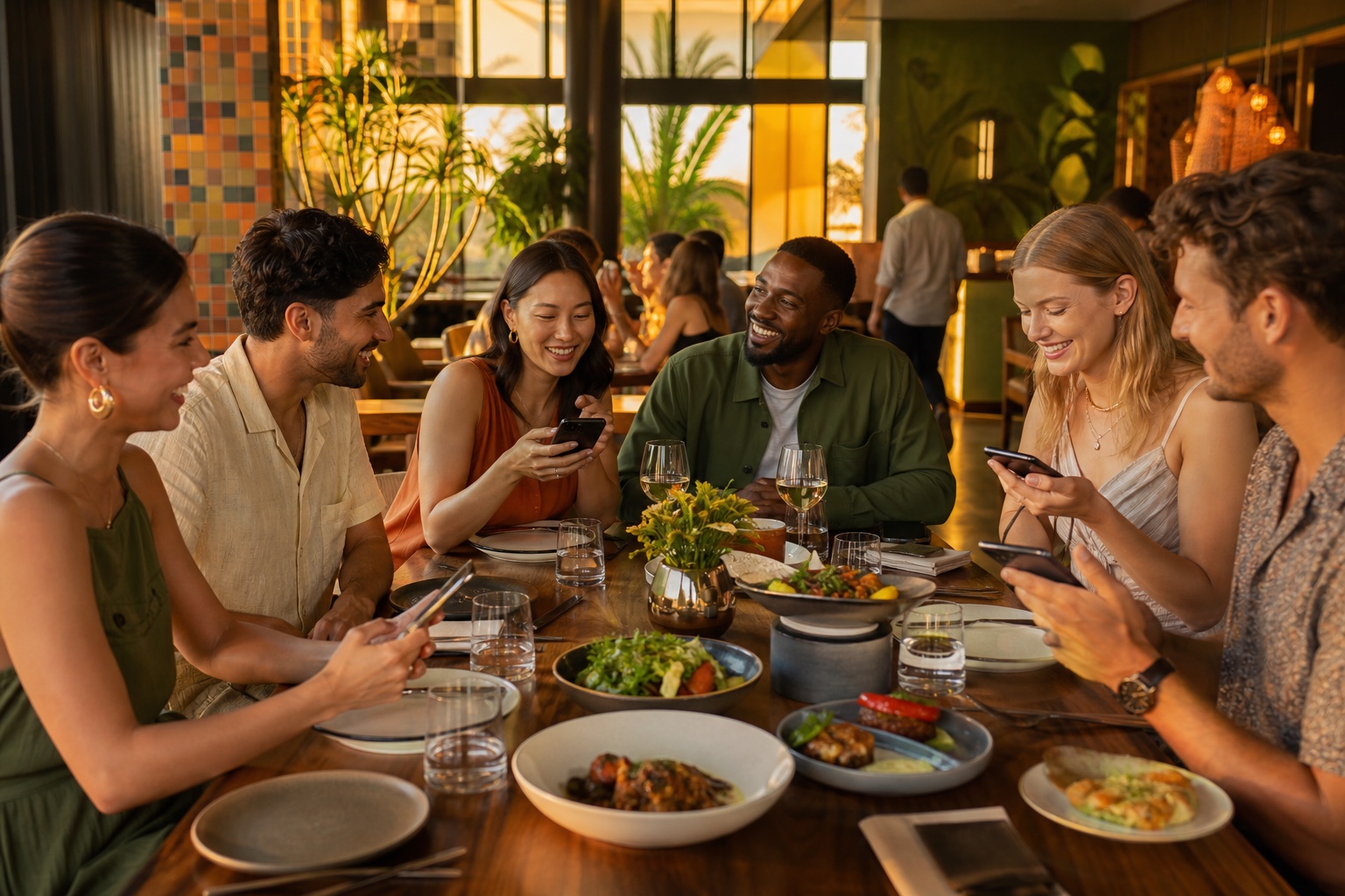 An international group of guests choosing dishes together at one table