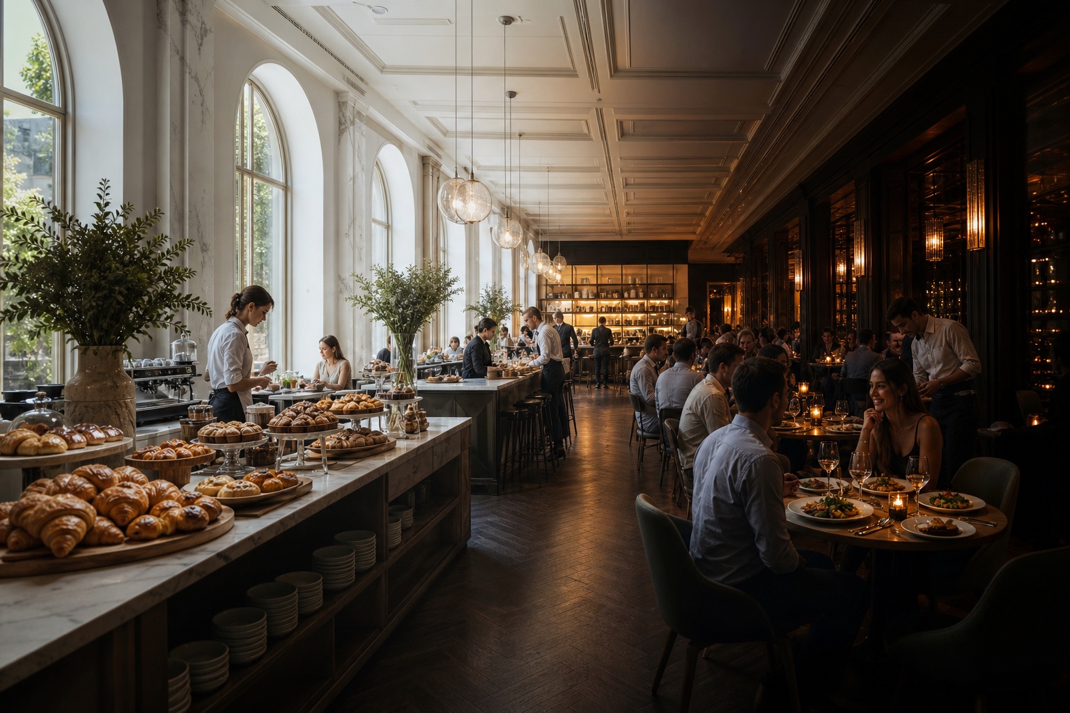 A restaurant transitioning naturally from breakfast service to dinner