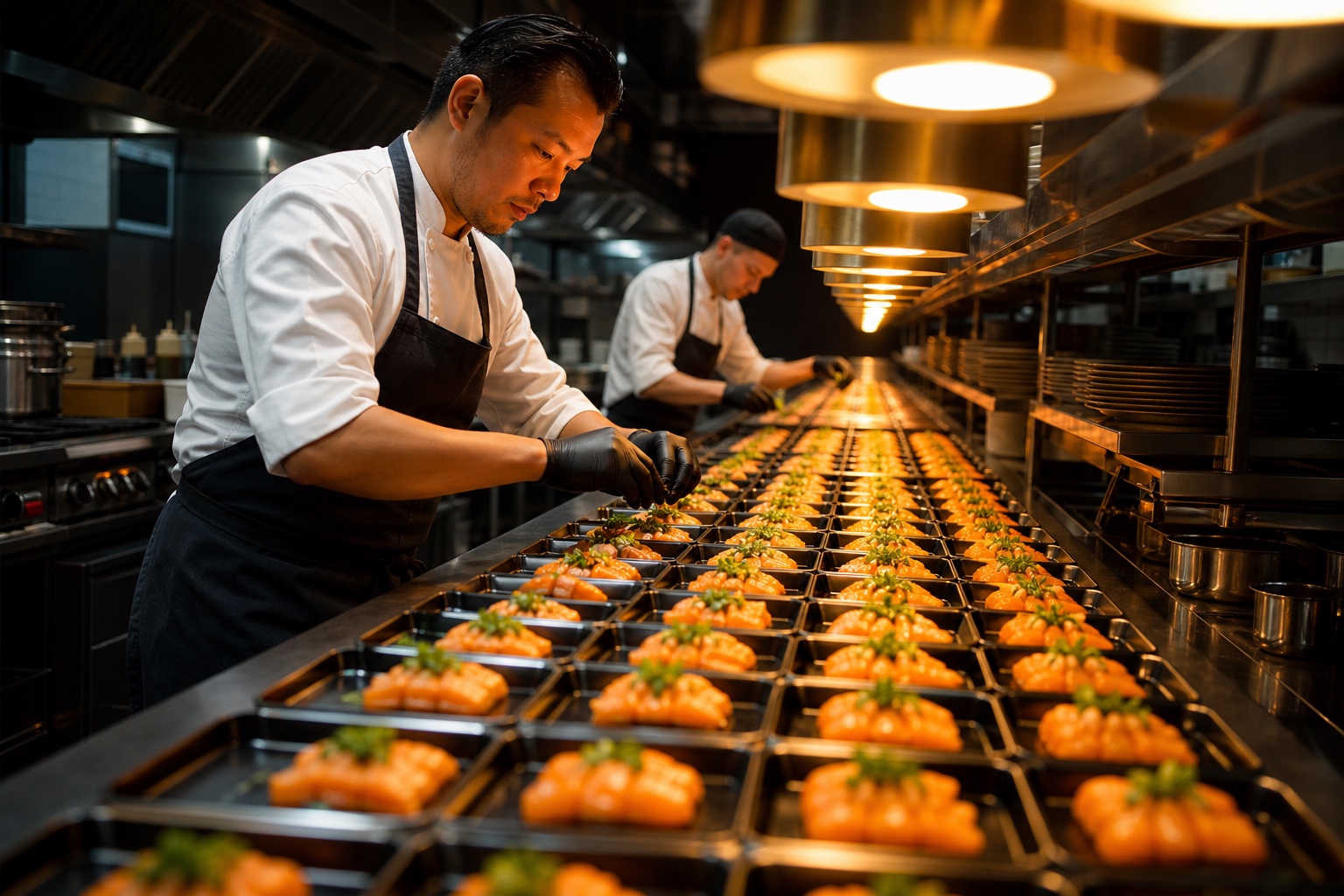 Chefs efficiently batching repeated dishes along a production line