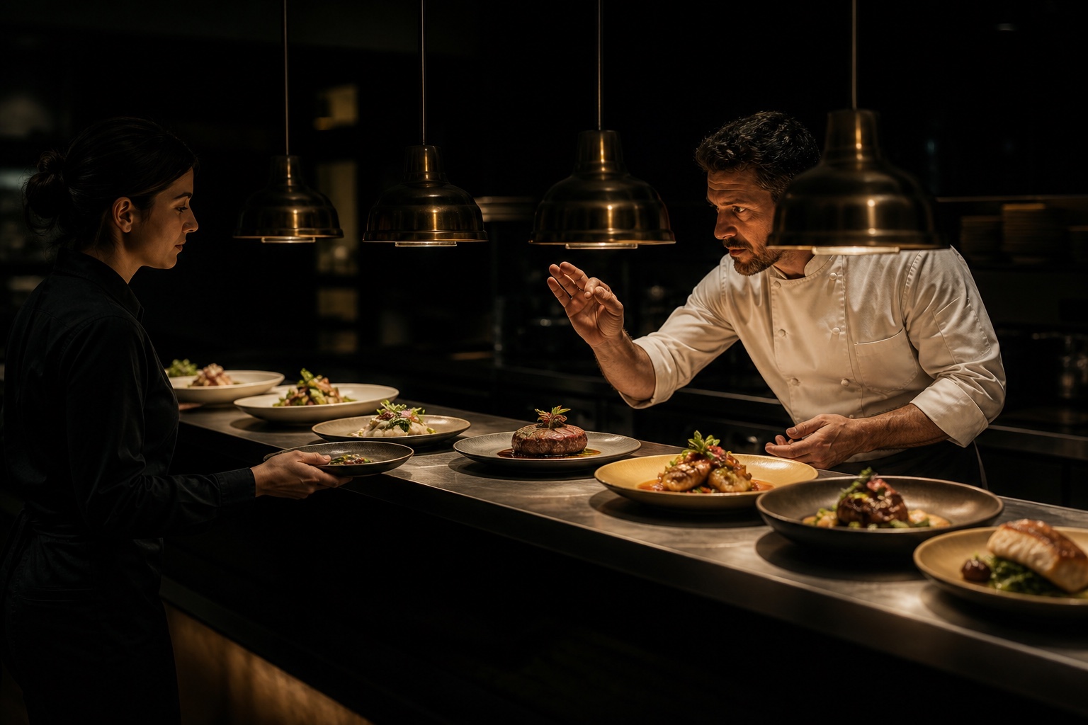 A chef and runner coordinating a multi-course service at the pass