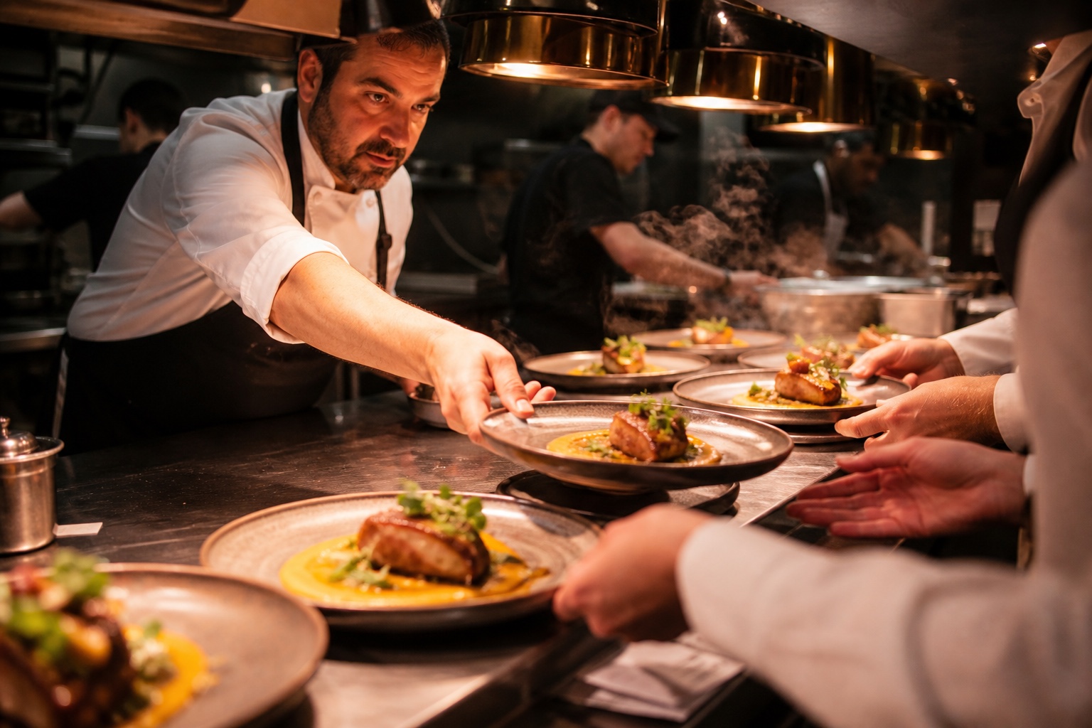 An expo chef coordinating finished plates at the kitchen pass