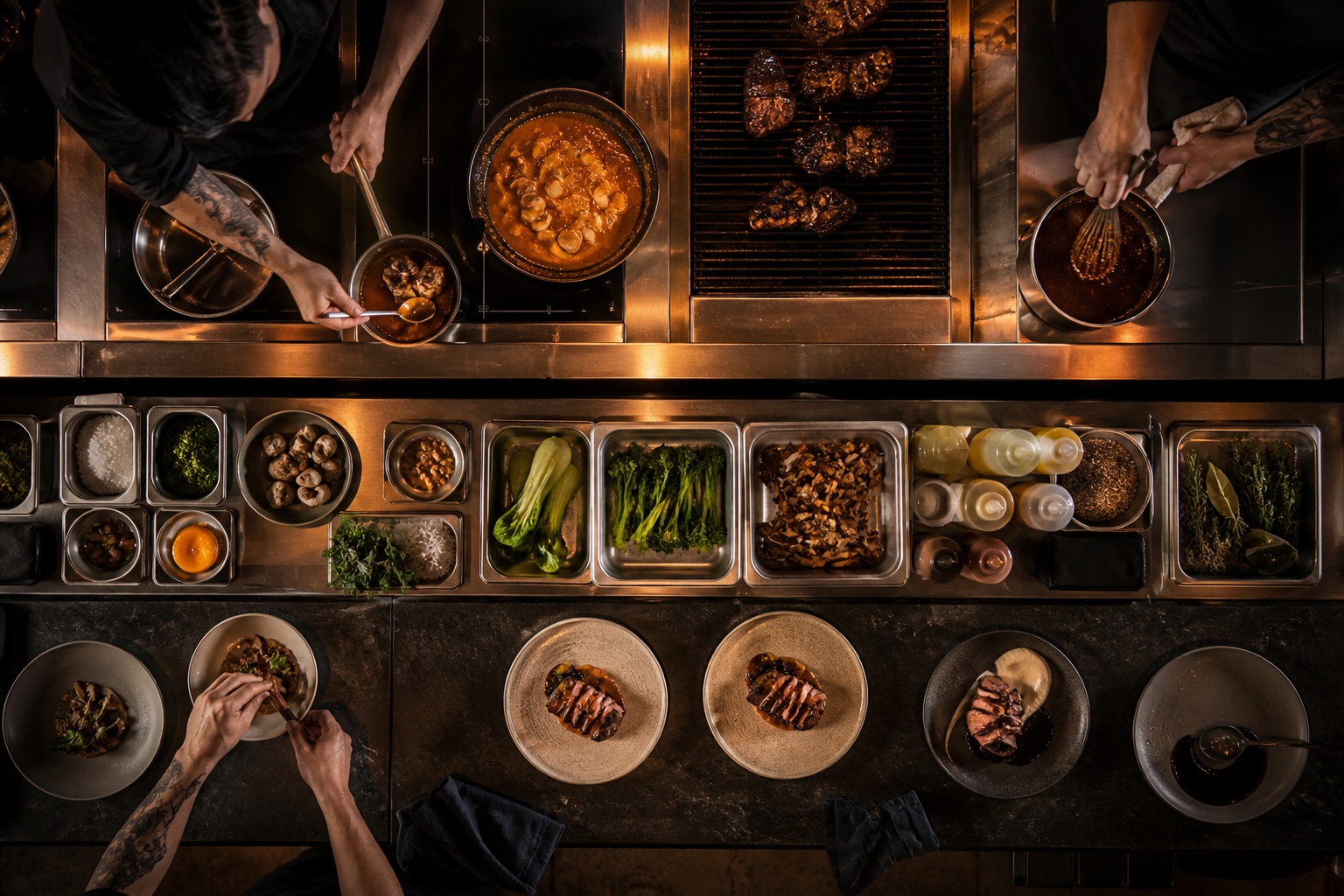 An overhead view of multiple kitchen stations preparing dishes in parallel