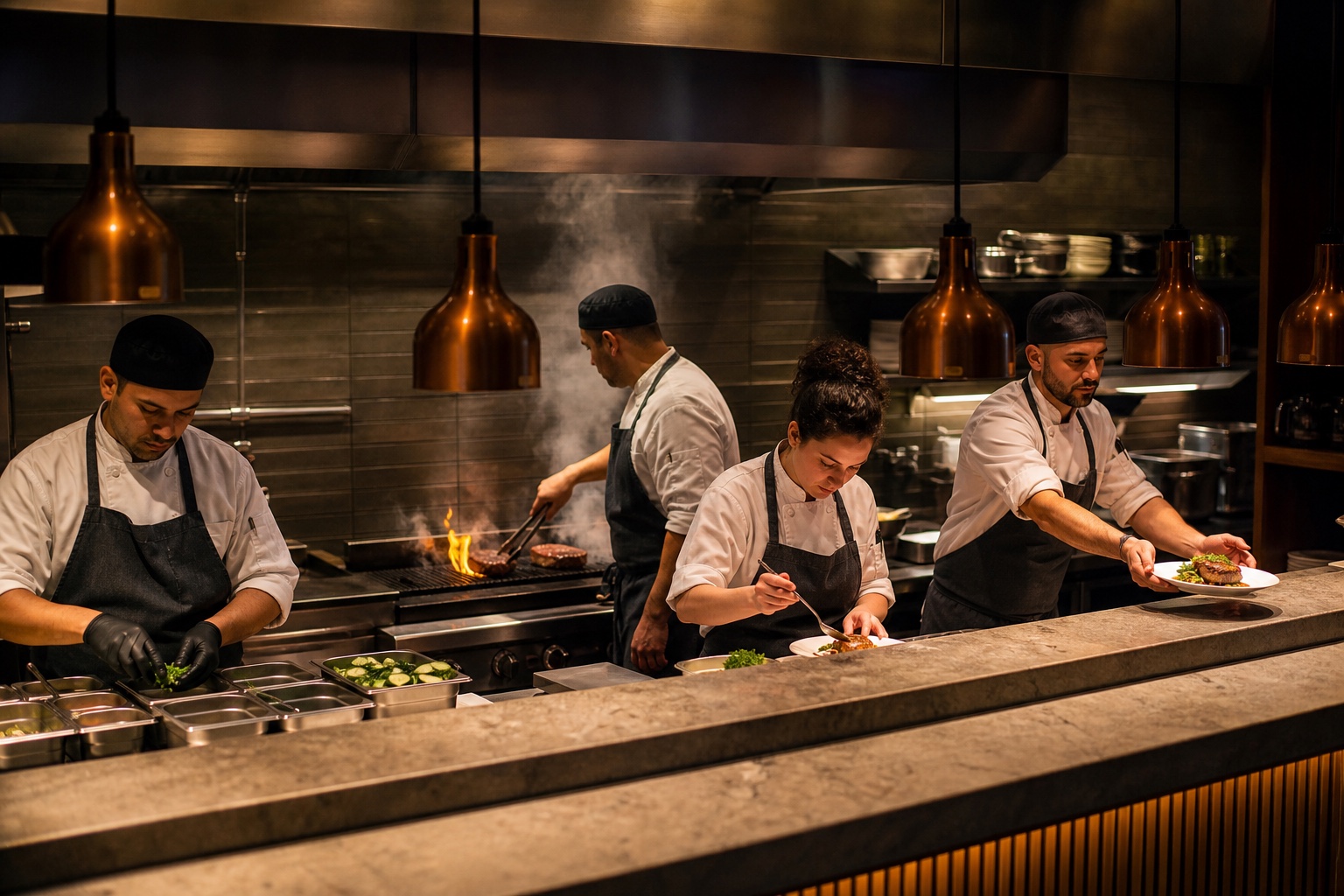 Chefs working in coordinated preparation stations across a professional kitchen