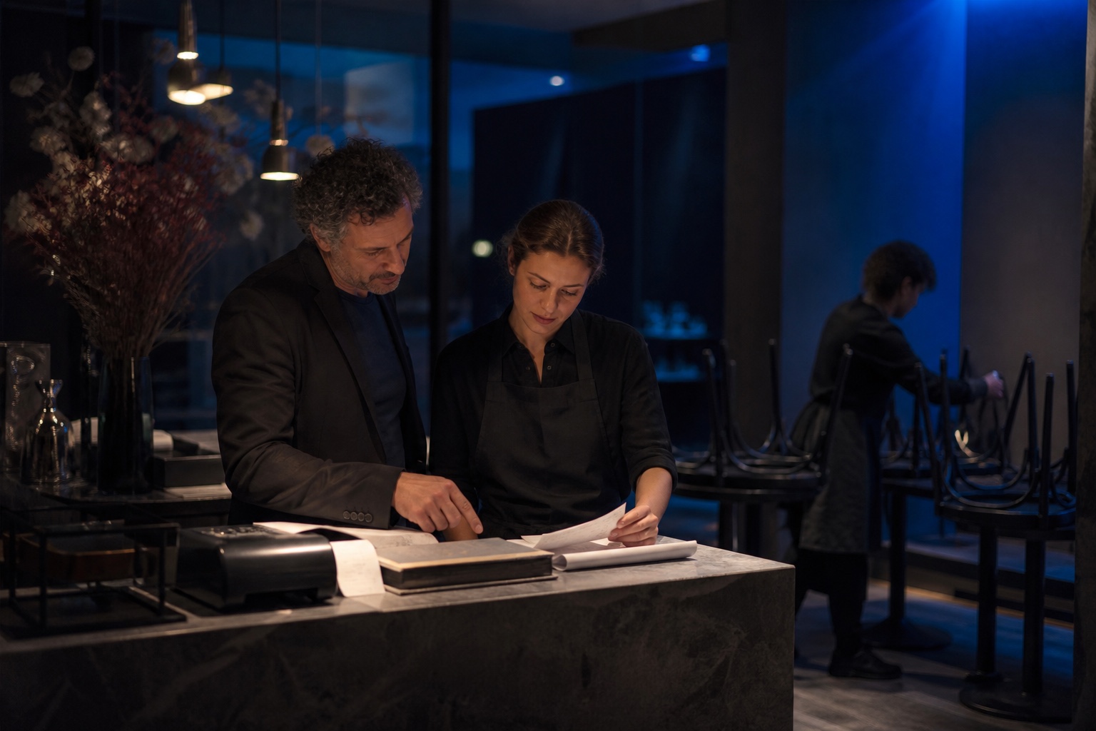 A manager and team member reconciling the end of a restaurant shift