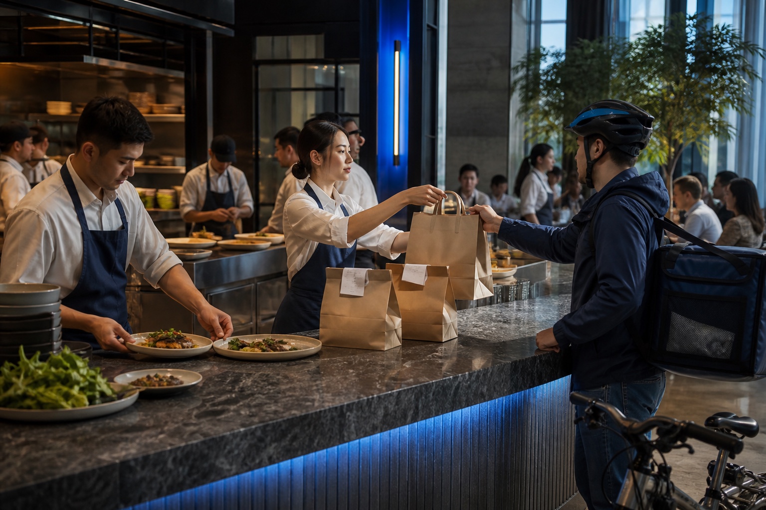 Dine-in plates and delivery orders converging at one coordinated fulfillment counter