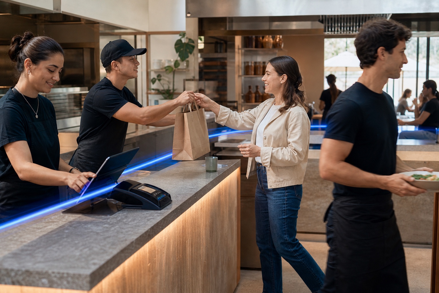 A restaurant team moving an order from counter to customer during a busy service